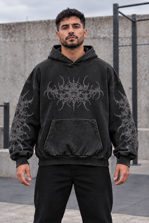 Tribal Emblem Y2K Hoodie – Black – front view on model