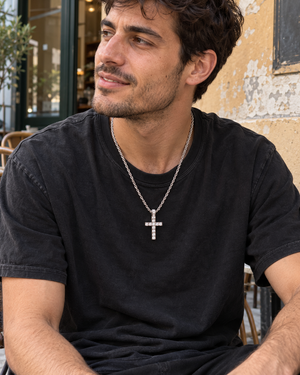 Y2K Iced Cross Necklace – Silver-tone – worn lifestyle view