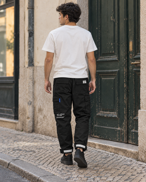 Label Patch Techwear Cargo Pants – Black – back worn view