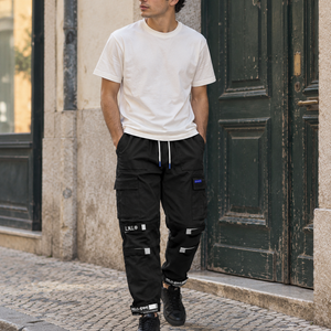 Label Patch Techwear Cargo Pants – Black – front worn view
