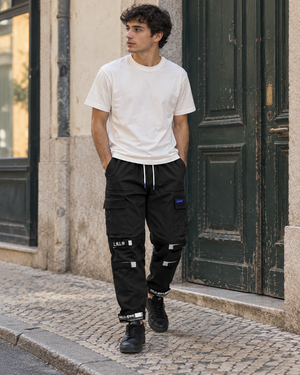 Label Patch Techwear Cargo Pants – Black – front worn view