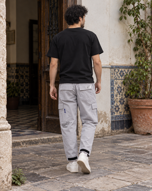Label Patch Techwear Cargo Pants – Gray – back worn view