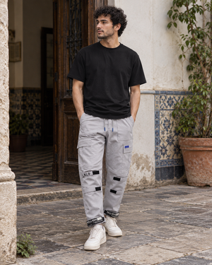 Label Patch Techwear Cargo Pants – Gray – front worn view