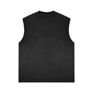 Back of the black shirt laid flat, a plain panel with the washed finish spread across the shoulders