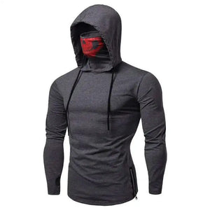 Gray hoodie with a red and black face mask on a white background
