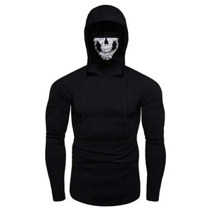 Black hoodie with a skull face mask on a white background