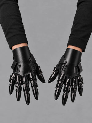Cyberpunk Mechanical Gloves worn by a person, close-up on both hands, front view on a grey studio background