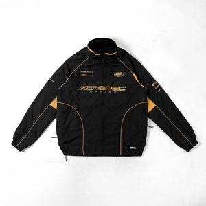Cyberpunk Racing Jacket in black laid flat, front view with gold-tone piping, stand collar and full zip