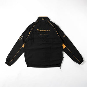 Cyberpunk Racing Jacket in black, back view laid flat with gold-tone racing lettering across the shoulders