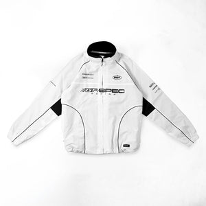 Cyberpunk Racing Jacket in white laid flat, front view with black piping, black side panels and stand collar