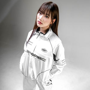 Cyberpunk Racing Jacket in white worn on a model, front view with the stand collar zipped halfway up