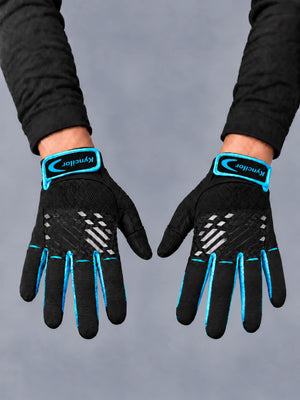 Cyberpunk Techwear Gloves worn by a person, close-up on both hands, front view on a grey studio background