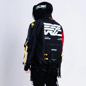Cyberpunk Windproof Jacket Bomber in all black, back view with the white graphic and hanging strap tabs