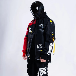 Cyberpunk Windproof Jacket Bomber, side view of the red sleeve, chest pocket and white sleeve print
