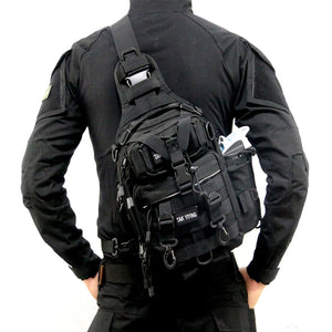 Black and sand cycling techwear sling bag worn across the body