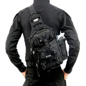 Black and sand cycling techwear sling bag worn across the body
