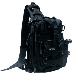 Black and sand cycling techwear sling bag worn across the body