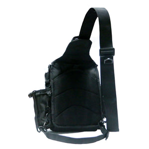 Black and sand cycling techwear sling bag worn across the body