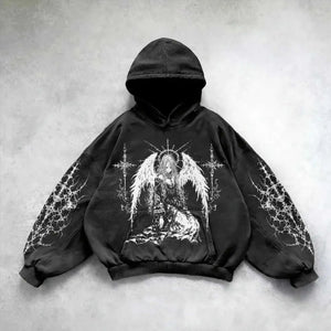 Czarna bluza z kapturem Dark Angel w stylu Y2K, klęczący anioł z aureolą między dwoma krzyżami, cierniowe pnącza na rękawach