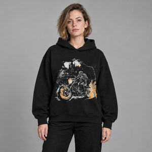 Dead Motorcyclist Graphic Y2K Hoodie – worn by a woman