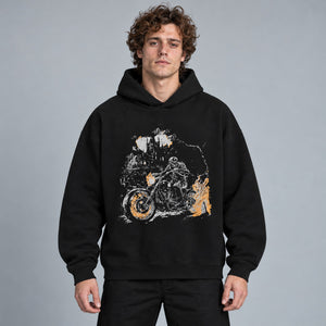 Dead Motorcyclist Graphic Y2K Hoodie – worn by a man
