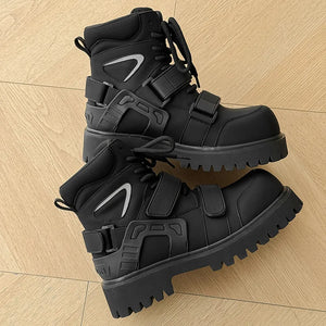 Deconstructed high top techwear boots, front view with hook and loop straps