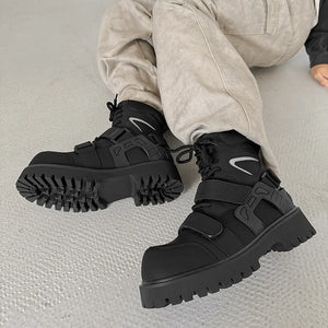 Deconstructed high top techwear boots, rubber outsole detail