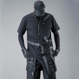 Black deconstructed mens t shirt with ribbon patchwork