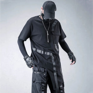 Black deconstructed mens t shirt with ribbon patchwork