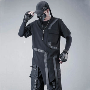 Black deconstructed mens t shirt with ribbon patchwork
