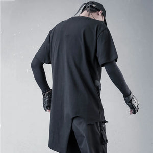 Black deconstructed mens t shirt with ribbon patchwork