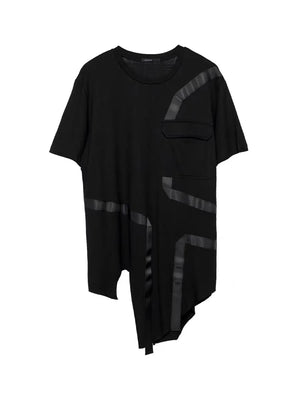 Black deconstructed mens t shirt with ribbon patchwork