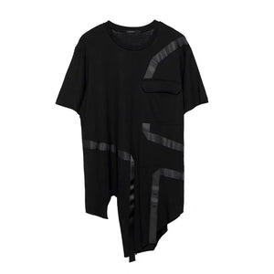 Black deconstructed mens t shirt with ribbon patchwork
