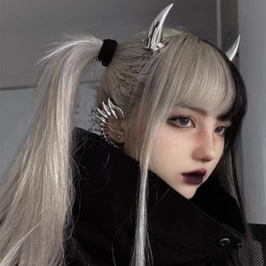 Silver demon horn hair clips with a spiked ear cuff