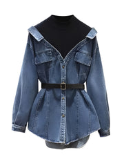 Chaqueta vaquera con cinturón para mujer, primavera