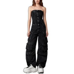 Black denim strapless jumpsuit with multiple cargo pockets and a wide leg