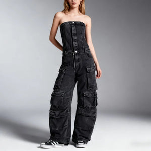 Black denim strapless jumpsuit with multiple cargo pockets and a wide leg