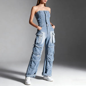 Black denim strapless jumpsuit with multiple cargo pockets and a wide leg