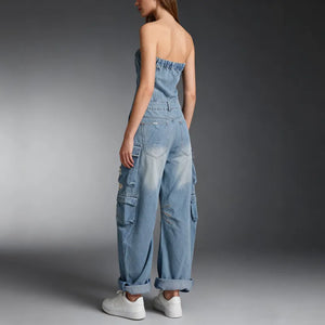 Black denim strapless jumpsuit with multiple cargo pockets and a wide leg