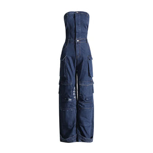 Black denim strapless jumpsuit with multiple cargo pockets and a wide leg