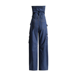 Black denim strapless jumpsuit with multiple cargo pockets and a wide leg
