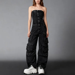 Black denim strapless jumpsuit with multiple cargo pockets and a wide leg