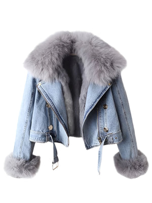 Denim Detachable Fur Spring Women Jacket