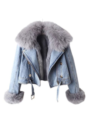 Denim Detachable Fur Spring Women Jacket