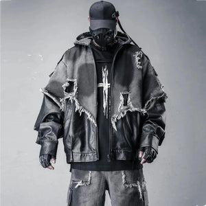 Black hooded techwear jacket in denim and PU leather patchwork