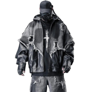 Black hooded techwear jacket in denim and PU leather patchwork