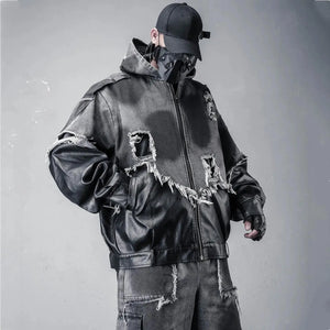 Black hooded techwear jacket in denim and PU leather patchwork