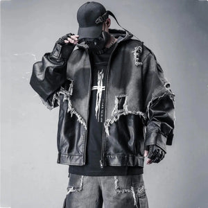Black hooded techwear jacket in denim and PU leather patchwork