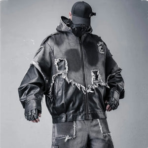Black hooded techwear jacket in denim and PU leather patchwork