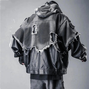 Black hooded techwear jacket in denim and PU leather patchwork